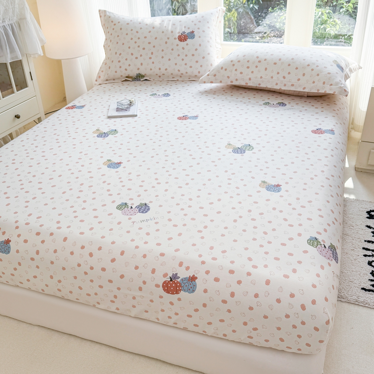 91家纺网 家纺一手货源 找家纺 洺兰家居 2026新款全棉纯棉13070小清新印花单床笠床笠单件 魔幻南瓜