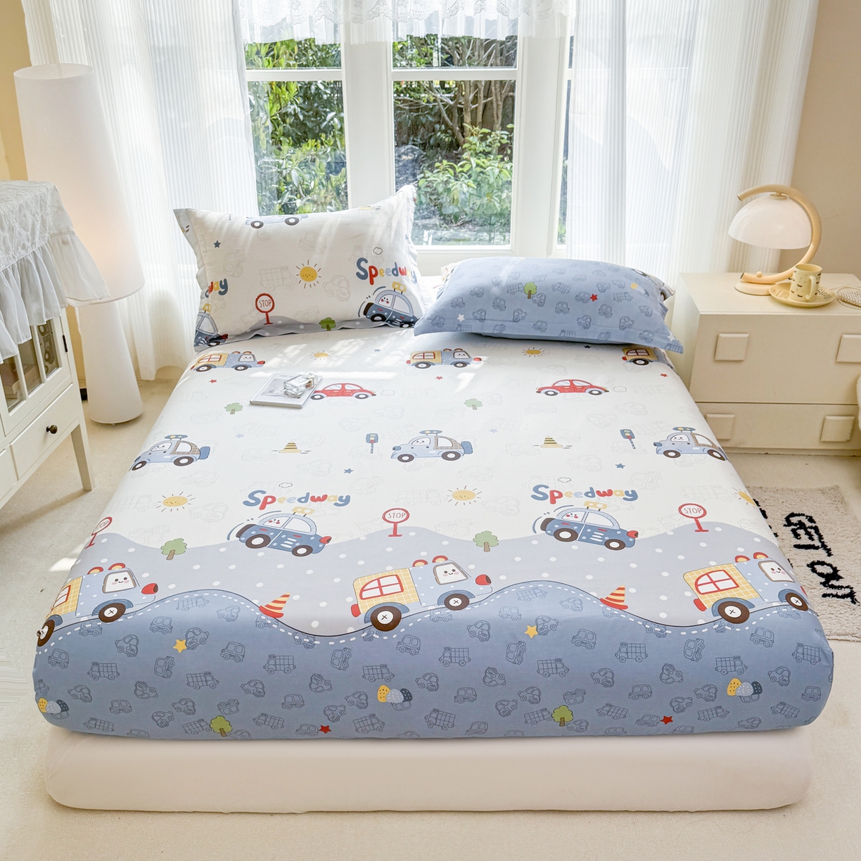 91家纺网 家纺一手货源 找家纺 洺兰家居 2026新款全棉纯棉13070小清新印花单床笠床笠单件 疯狂小汽车