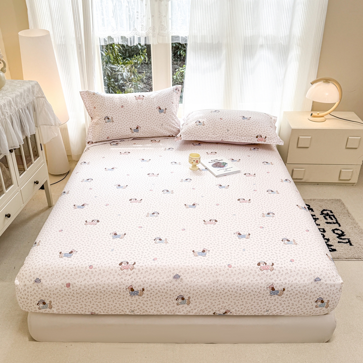 91家纺网 家纺一手货源 找家纺 洺兰家居 2026新款全棉纯棉13070小清新印花单床笠床笠单件 狗狗日记