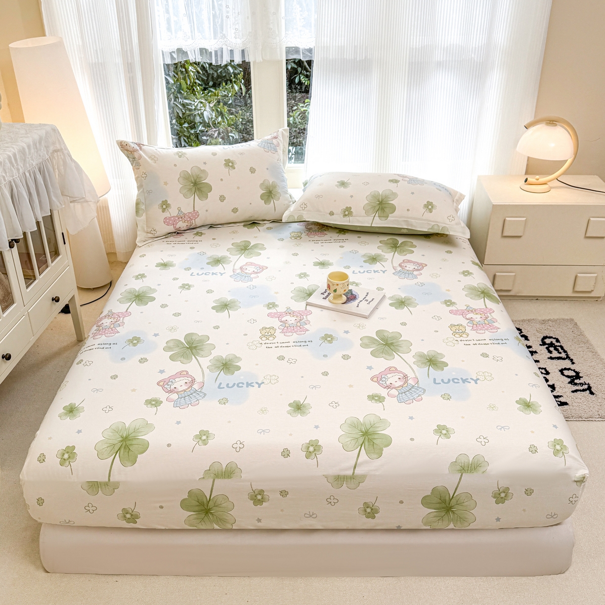 91家纺网 家纺一手货源 找家纺 洺兰家居 2026新款全棉纯棉13070小清新印花单床笠床笠单件 幸运四叶草