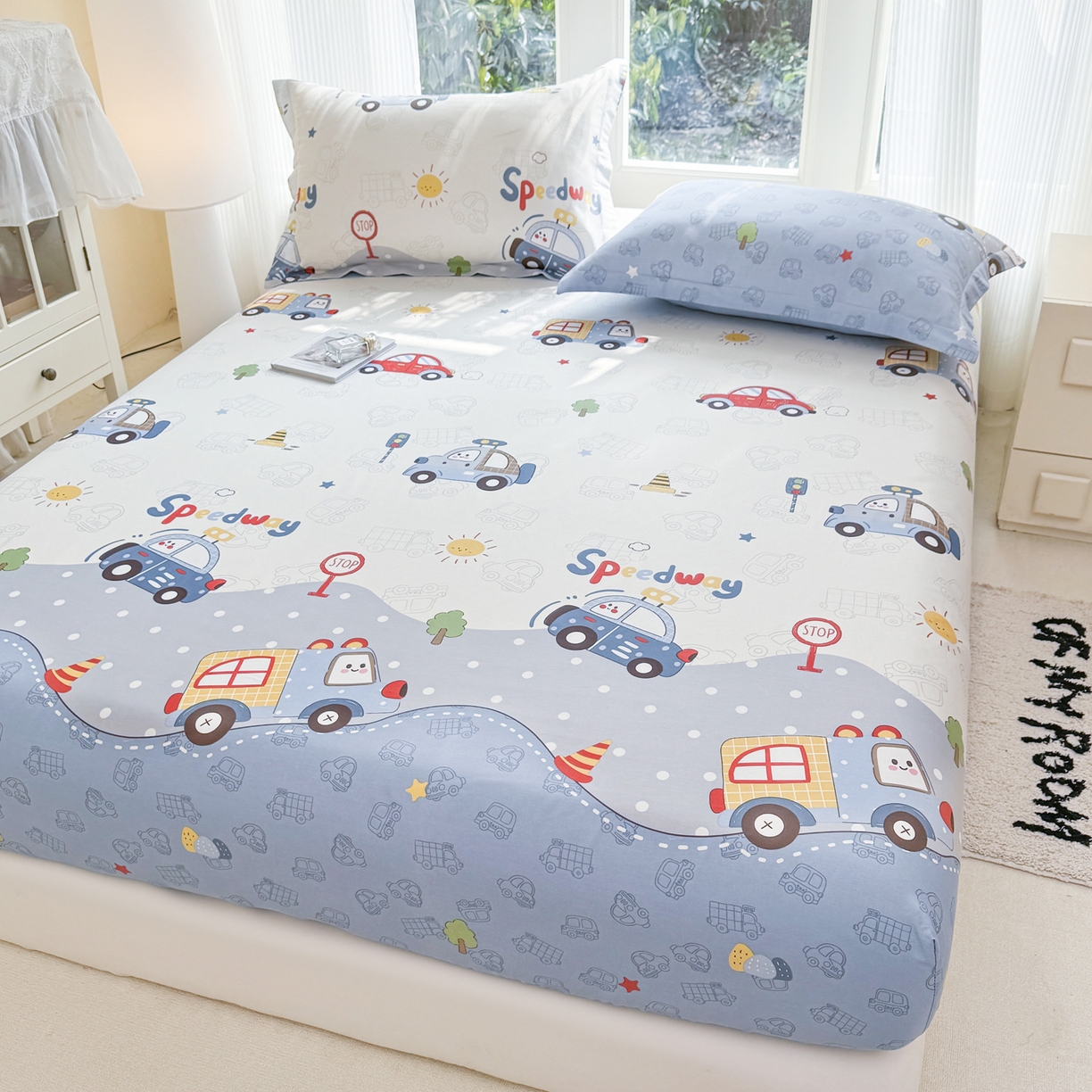 91家纺网 家纺一手货源 找家纺 洺兰家居 2026新款全棉纯棉13070小清新印花单床笠床笠单件 疯狂小汽车