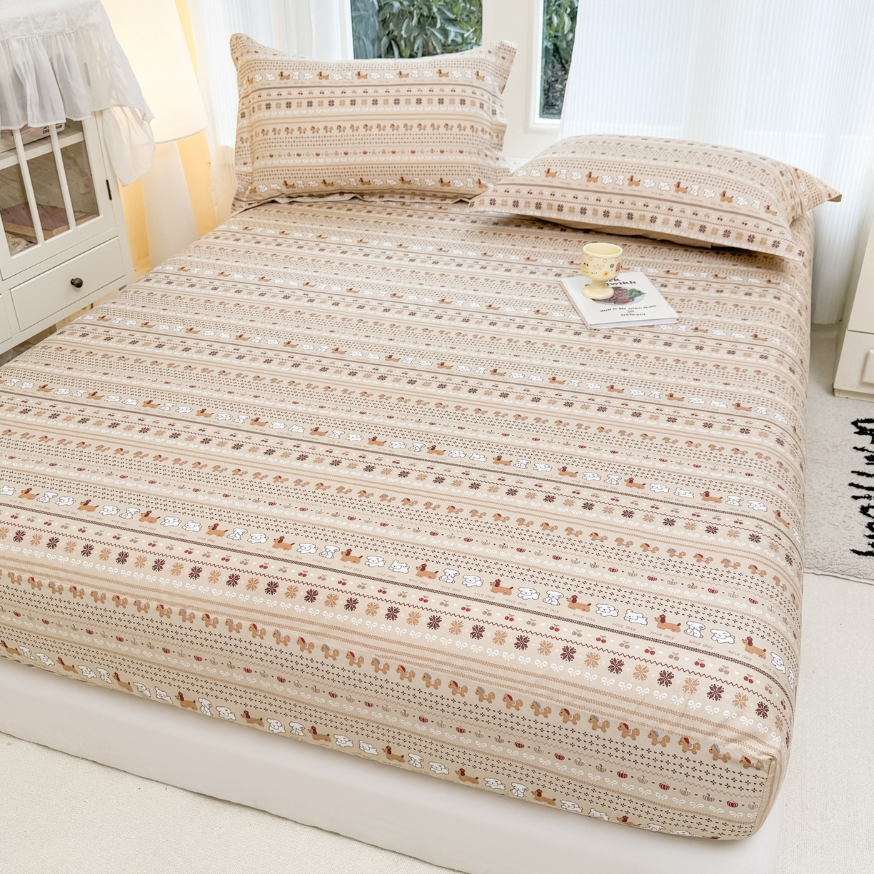 91家纺网 家纺一手货源 找家纺 洺兰家居 2026新款全棉纯棉13070小清新印花单床笠床笠单件 汪星人