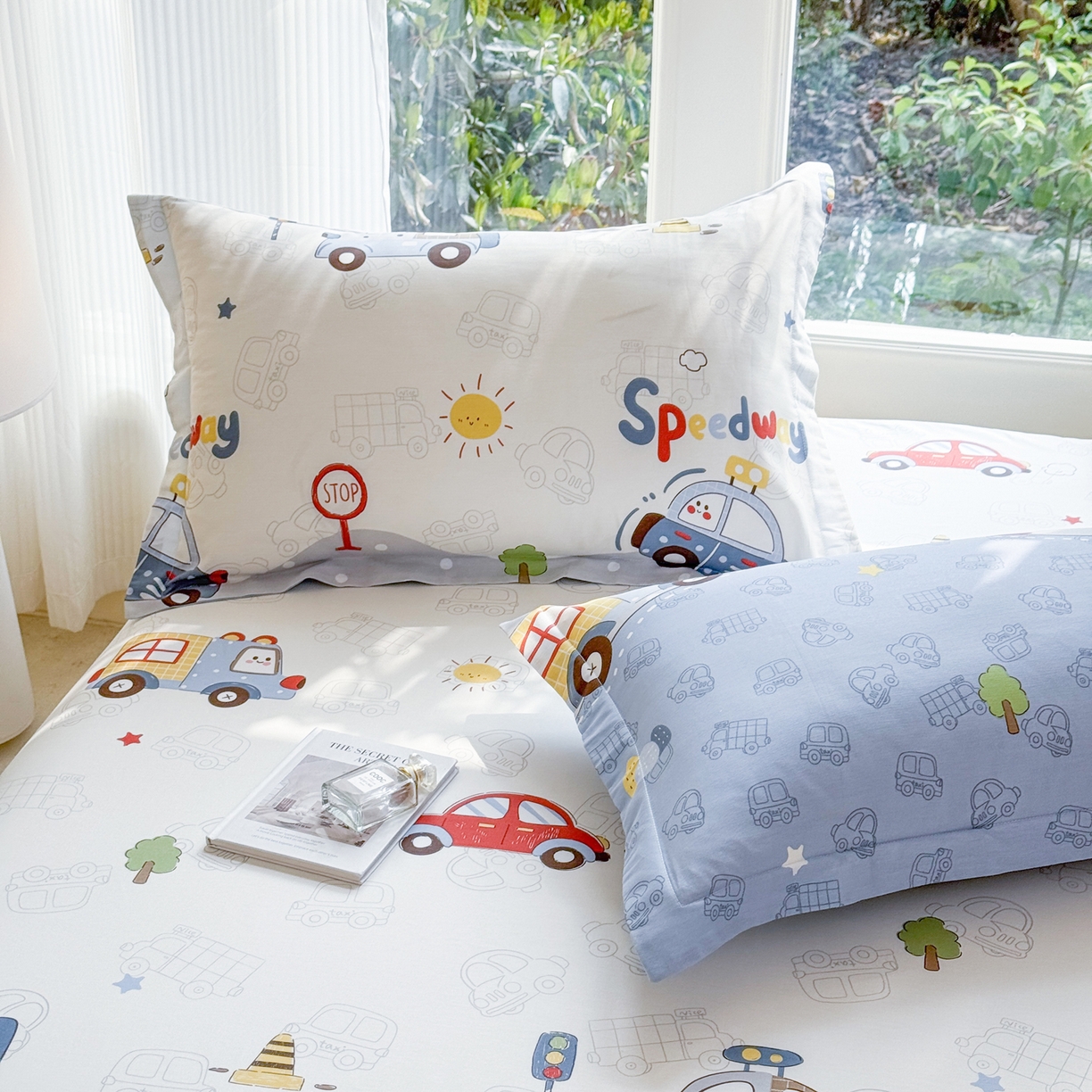 91家纺网 家纺一手货源 找家纺 洺兰家居 2026新款全棉纯棉13070小清新印花单床笠床笠单件 疯狂小汽车