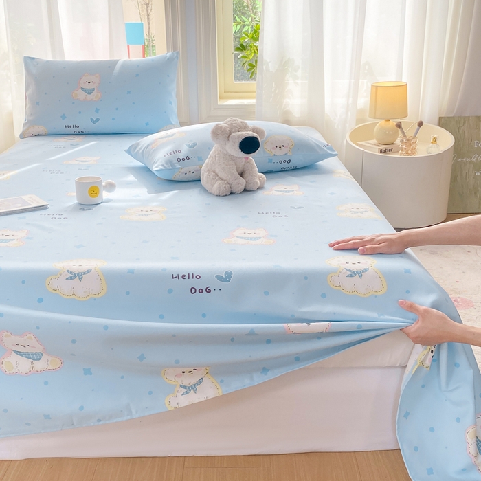 91家纺网 家纺一手货源 找家纺 晓时候 20226新款细纱原棉老粗布床单印花床单单件凉席三件套 甜心汪-蓝