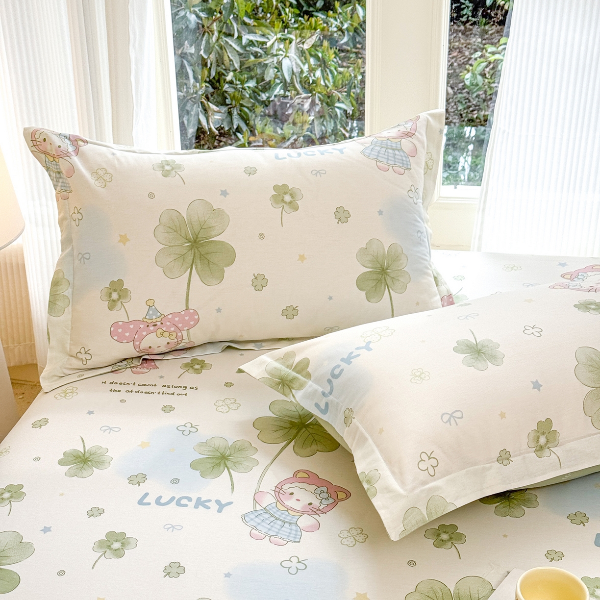 91家纺网 家纺一手货源 找家纺 洺兰家居 2026新款全棉纯棉13070小清新印花单床笠床笠单件 幸运四叶草