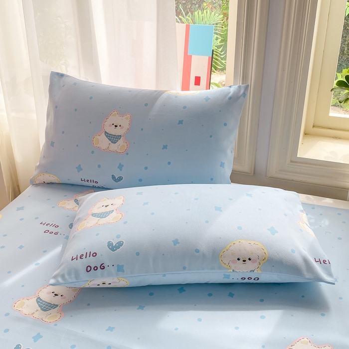 91家纺网 家纺一手货源 找家纺 晓时候 20226新款细纱原棉老粗布床单印花床单单件凉席三件套 甜心汪-蓝