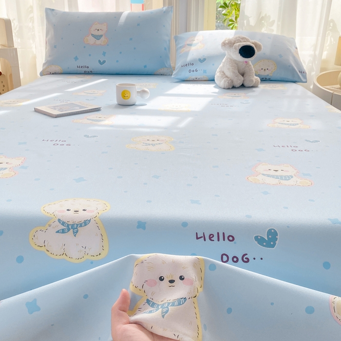 91家纺网 家纺一手货源 找家纺 晓时候 20226新款细纱原棉老粗布床单印花床单单件凉席三件套 甜心汪-蓝