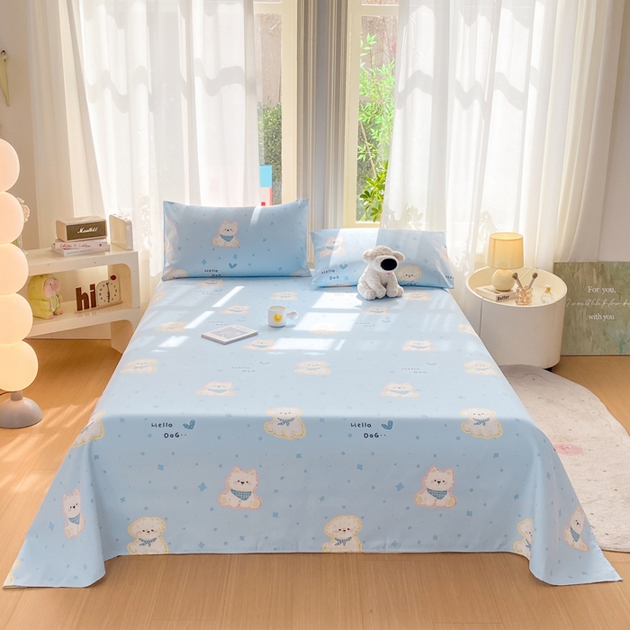 91家纺网 家纺一手货源 找家纺 晓时候 20226新款细纱原棉老粗布床单印花床单单件凉席三件套 甜心汪-蓝