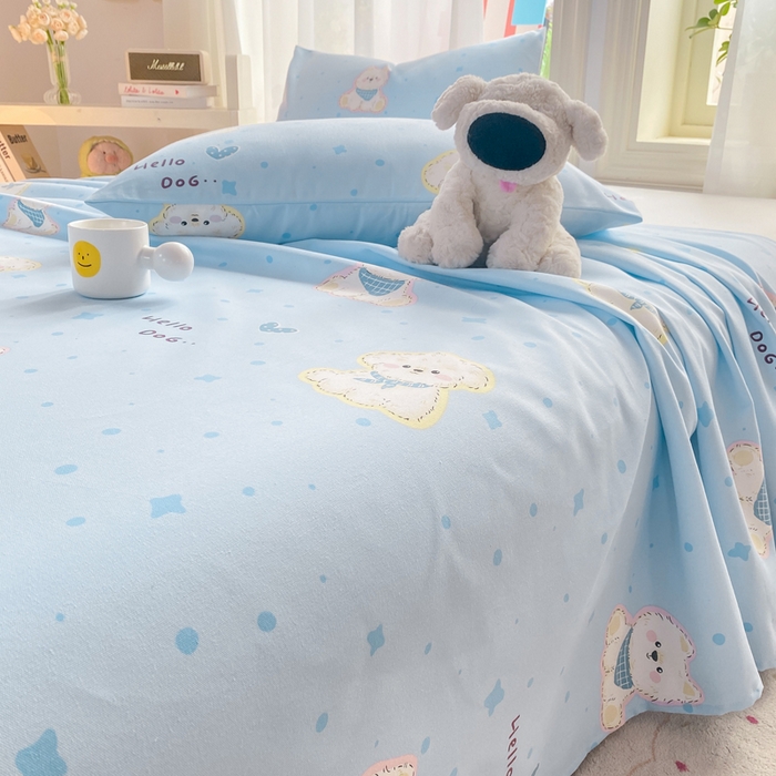 91家纺网 家纺一手货源 找家纺 晓时候 20226新款细纱原棉老粗布床单印花床单单件凉席三件套 甜心汪-蓝