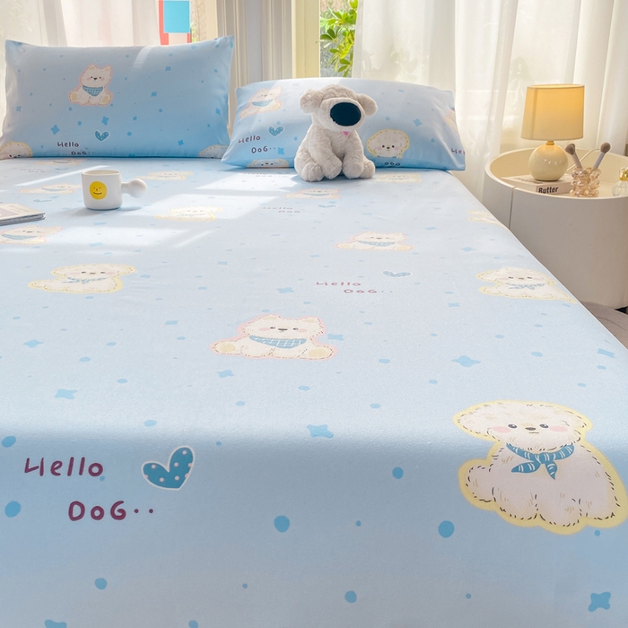 91家纺网 家纺一手货源 找家纺 晓时候 20226新款细纱原棉老粗布床单印花床单单件凉席三件套 甜心汪-蓝