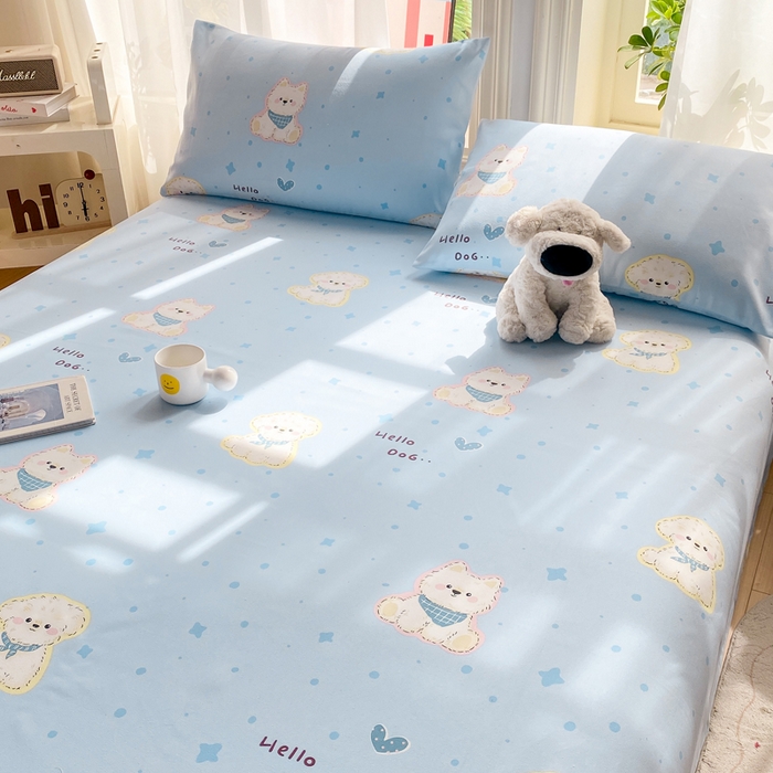 91家纺网 家纺一手货源 找家纺 晓时候 20226新款细纱原棉老粗布床单印花床单单件凉席三件套 甜心汪-蓝