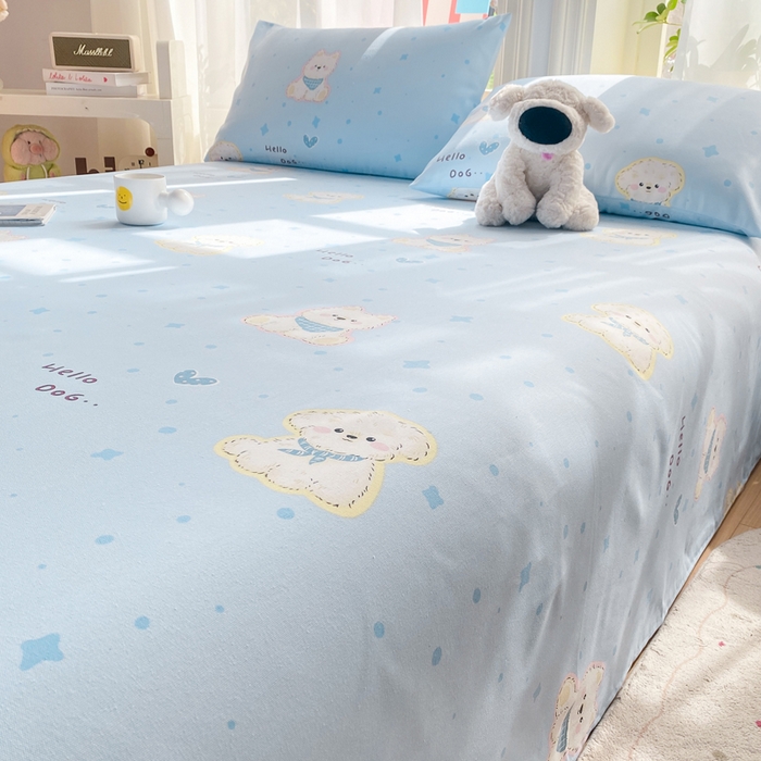 91家纺网 家纺一手货源 找家纺 晓时候 20226新款细纱原棉老粗布床单印花床单单件凉席三件套 甜心汪-蓝