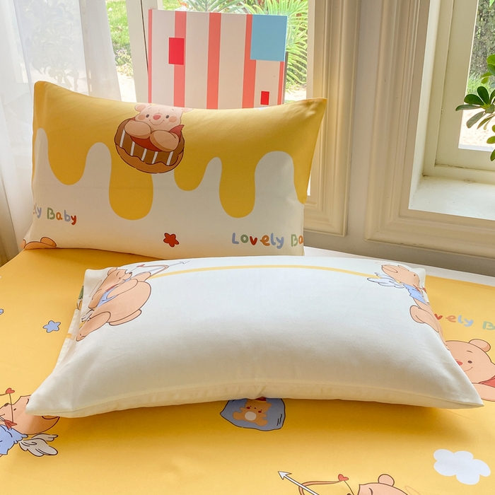 91家纺网 家纺一手货源 找家纺 晓时候 20226新款细纱原棉老粗布床单印花床单单件凉席三件套 萌趣小熊