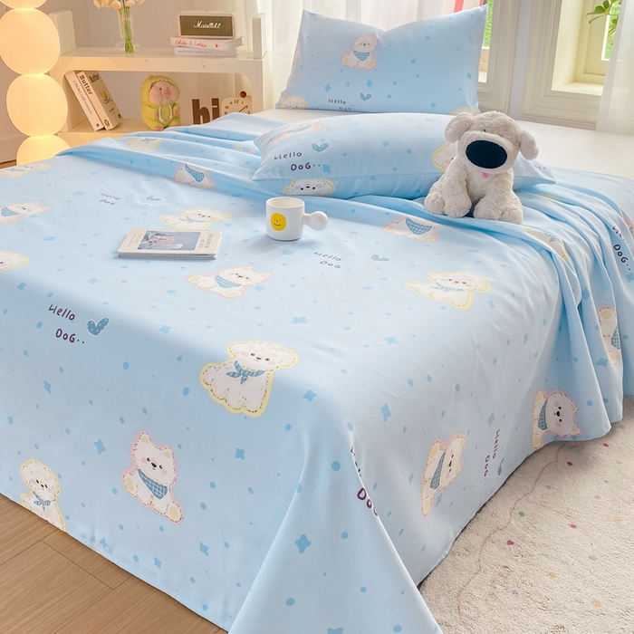 91家纺网 家纺一手货源 找家纺 晓时候 20226新款细纱原棉老粗布床单印花床单单件凉席三件套 甜心汪-蓝