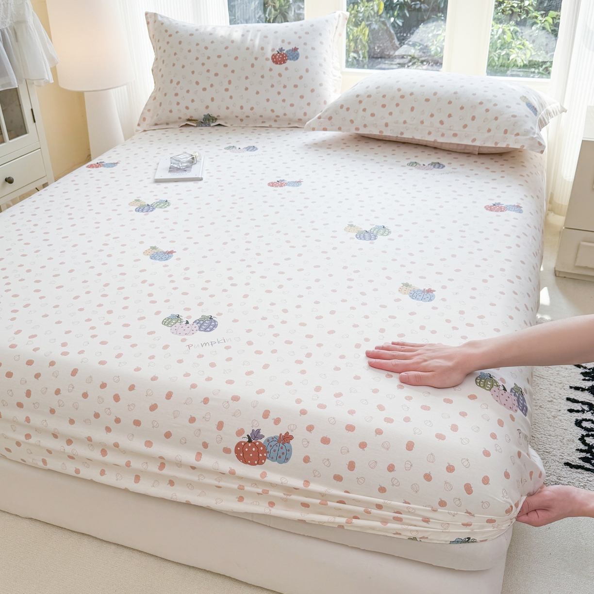 91家纺网 家纺一手货源 找家纺 洺兰家居 2026新款全棉纯棉13070小清新印花单床笠床笠单件 魔幻南瓜