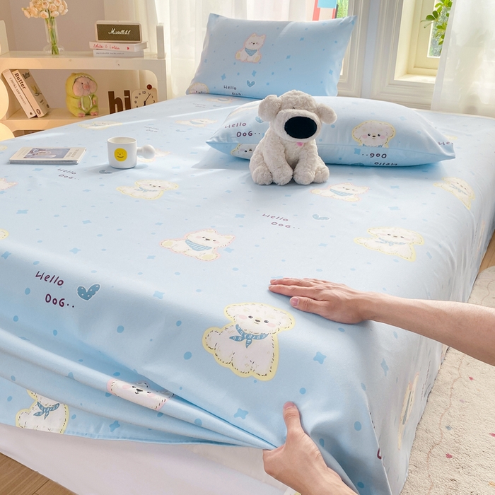 91家纺网 家纺一手货源 找家纺 晓时候 20226新款细纱原棉老粗布床单印花床单单件凉席三件套 甜心汪-蓝