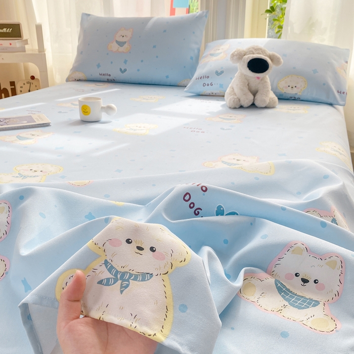 91家纺网 家纺一手货源 找家纺 晓时候 20226新款细纱原棉老粗布床单印花床单单件凉席三件套 甜心汪-蓝