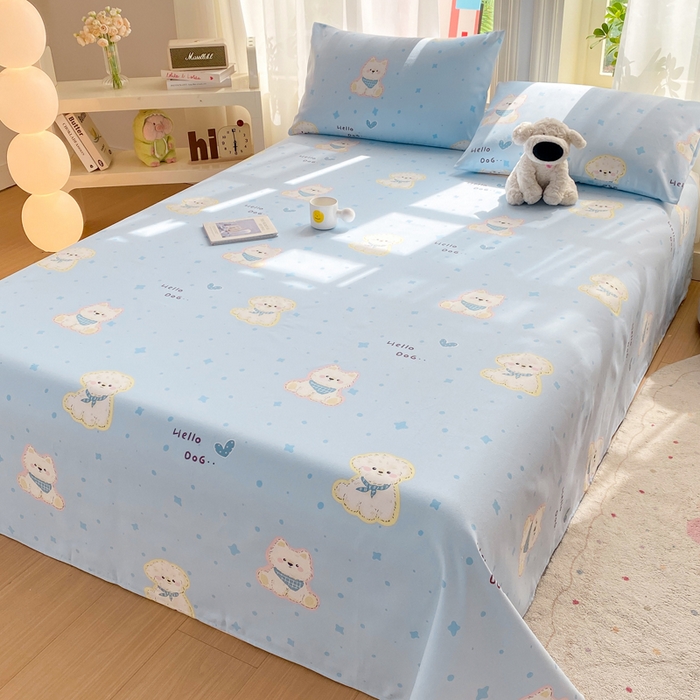 91家纺网 家纺一手货源 找家纺 晓时候 20226新款细纱原棉老粗布床单印花床单单件凉席三件套 甜心汪-蓝