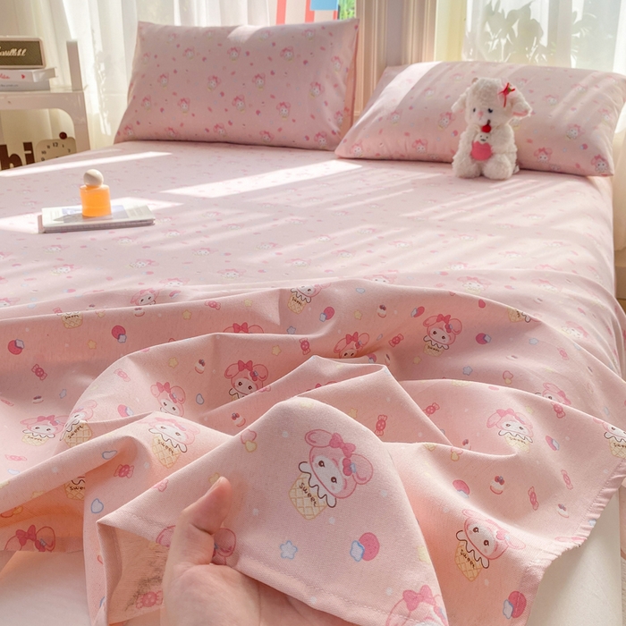 91家纺网 家纺一手货源 找家纺 晓时候 20226新款细纱原棉老粗布床单印花床单单件凉席三件套 小美冰激凌