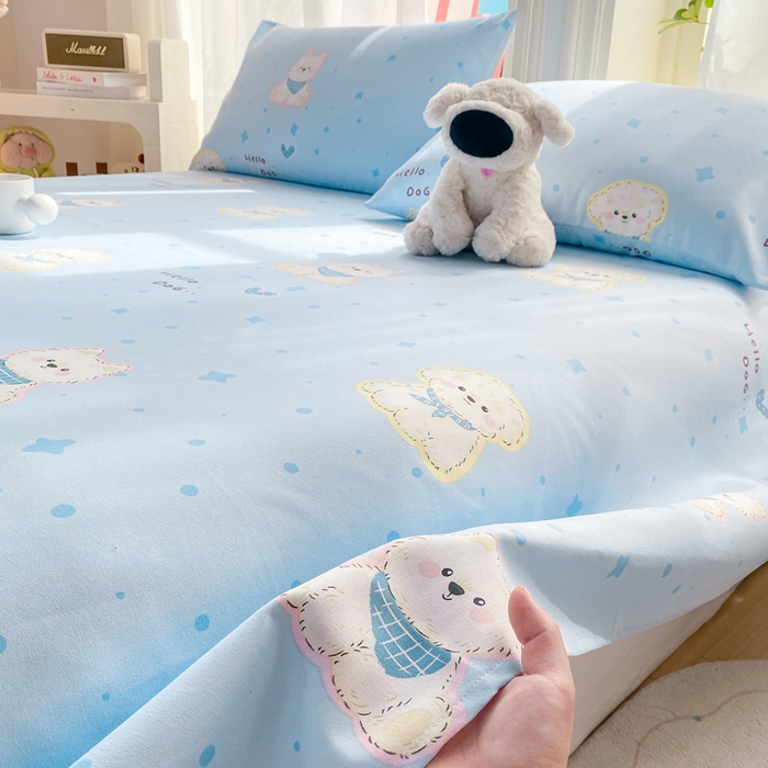 91家纺网 家纺一手货源 找家纺 晓时候 20226新款细纱原棉老粗布床单印花床单单件凉席三件套 甜心汪-蓝