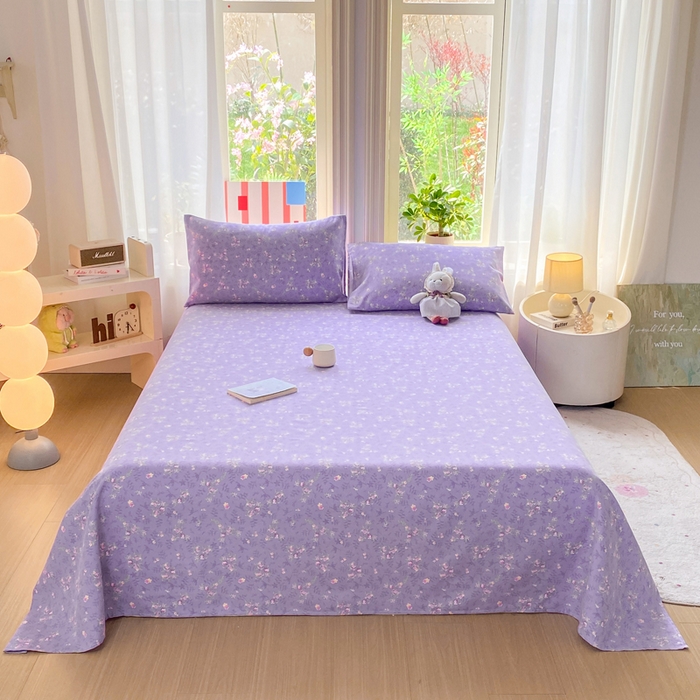 91家纺网 家纺一手货源 找家纺 晓时候 20226新款细纱原棉老粗布床单印花床单单件凉席三件套 紫韵