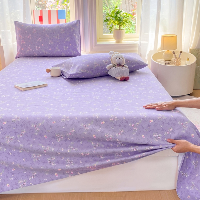 91家纺网 家纺一手货源 找家纺 晓时候 20226新款细纱原棉老粗布床单印花床单单件凉席三件套 紫韵