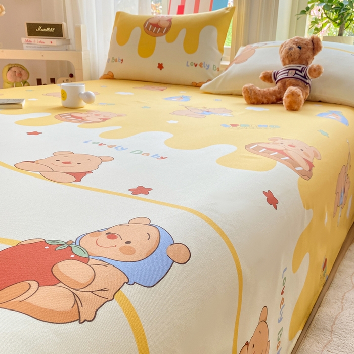 91家纺网 家纺一手货源 找家纺 晓时候 20226新款细纱原棉老粗布床单印花床单单件凉席三件套 萌趣小熊