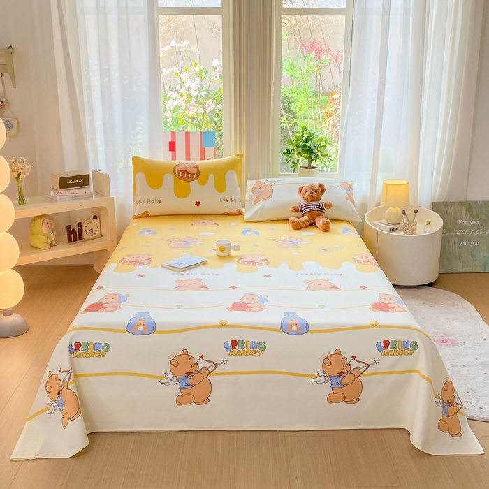 91家纺网 家纺一手货源 找家纺 晓时候 20226新款细纱原棉老粗布床单印花床单单件凉席三件套 萌趣小熊