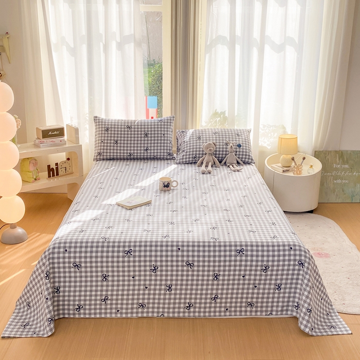 91家纺网 家纺一手货源 找家纺 晓时候 20226新款细纱原棉老粗布床单印花床单单件凉席三件套 蝴蝶结-灰