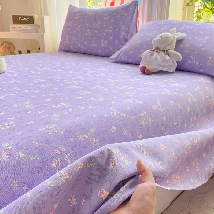 91家纺网 家纺一手货源 找家纺 晓时候 20226新款细纱原棉老粗布床单印花床单单件凉席三件套 紫韵