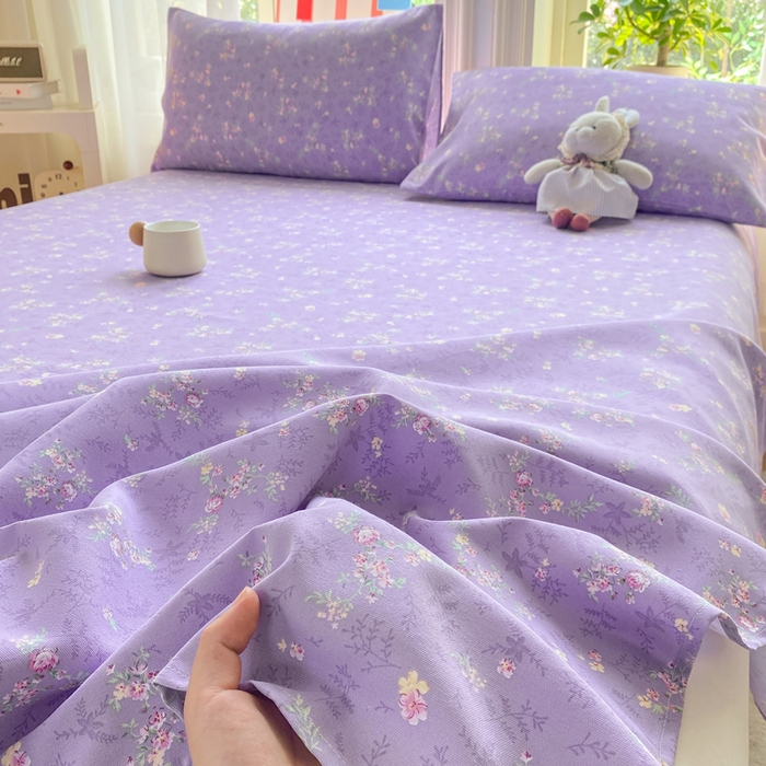 91家纺网 家纺一手货源 找家纺 晓时候 20226新款细纱原棉老粗布床单印花床单单件凉席三件套 紫韵