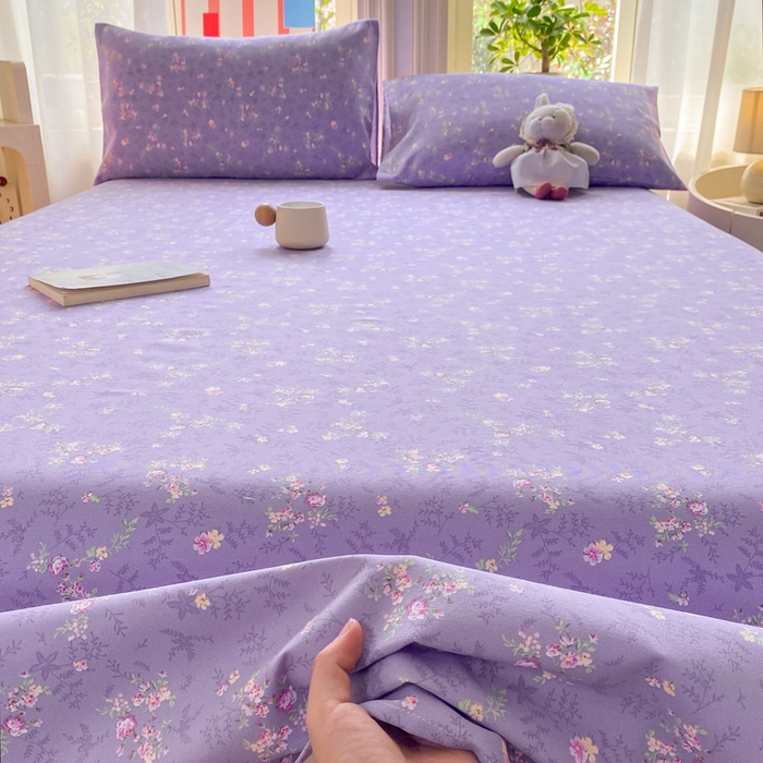 91家纺网 家纺一手货源 找家纺 晓时候 20226新款细纱原棉老粗布床单印花床单单件凉席三件套 紫韵