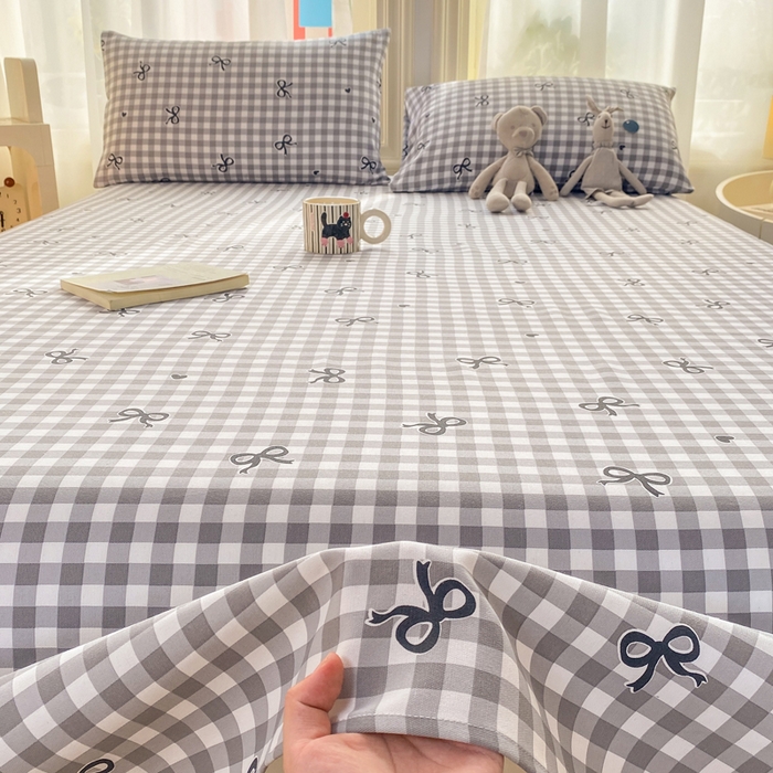91家纺网 家纺一手货源 找家纺 晓时候 20226新款细纱原棉老粗布床单印花床单单件凉席三件套 蝴蝶结-灰