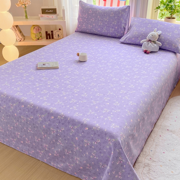 91家纺网 家纺一手货源 找家纺 晓时候 20226新款细纱原棉老粗布床单印花床单单件凉席三件套 紫韵