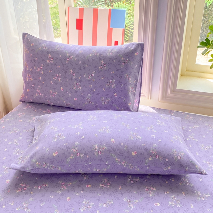 91家纺网 家纺一手货源 找家纺 晓时候 20226新款细纱原棉老粗布床单印花床单单件凉席三件套 紫韵