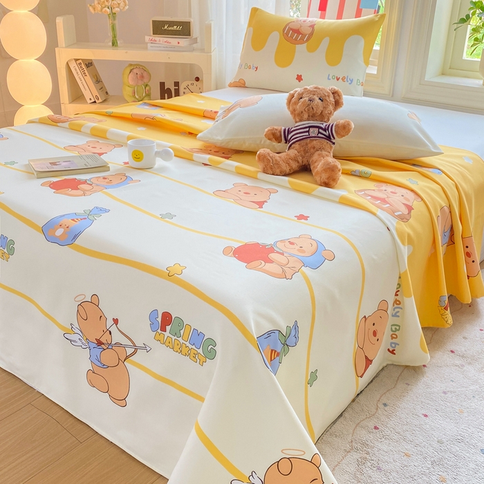 91家纺网 家纺一手货源 找家纺 晓时候 20226新款细纱原棉老粗布床单印花床单单件凉席三件套 萌趣小熊