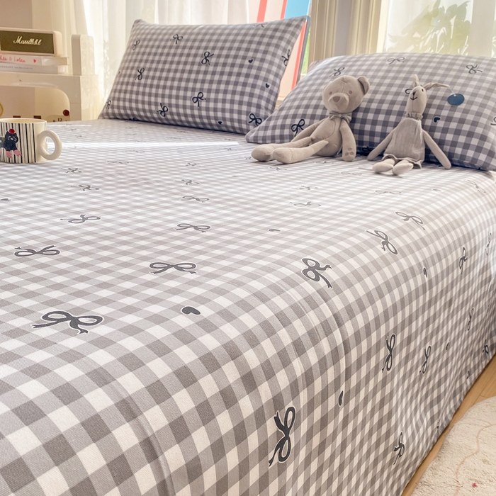 91家纺网 家纺一手货源 找家纺 晓时候 20226新款细纱原棉老粗布床单印花床单单件凉席三件套 蝴蝶结-灰