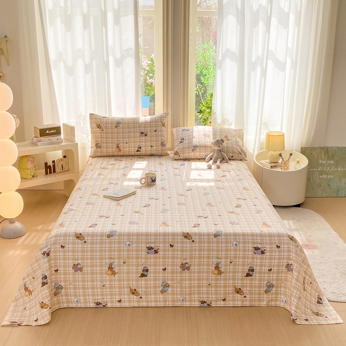 91家纺网 家纺一手货源 找家纺 晓时候 20226新款细纱原棉老粗布床单印花床单单件凉席三件套 欢乐小狗