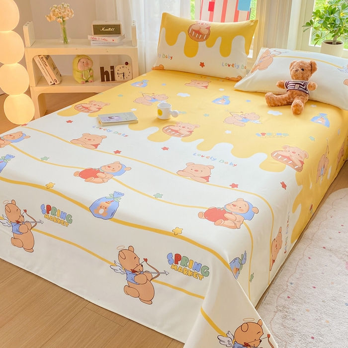 91家纺网 家纺一手货源 找家纺 晓时候 20226新款细纱原棉老粗布床单印花床单单件凉席三件套 萌趣小熊