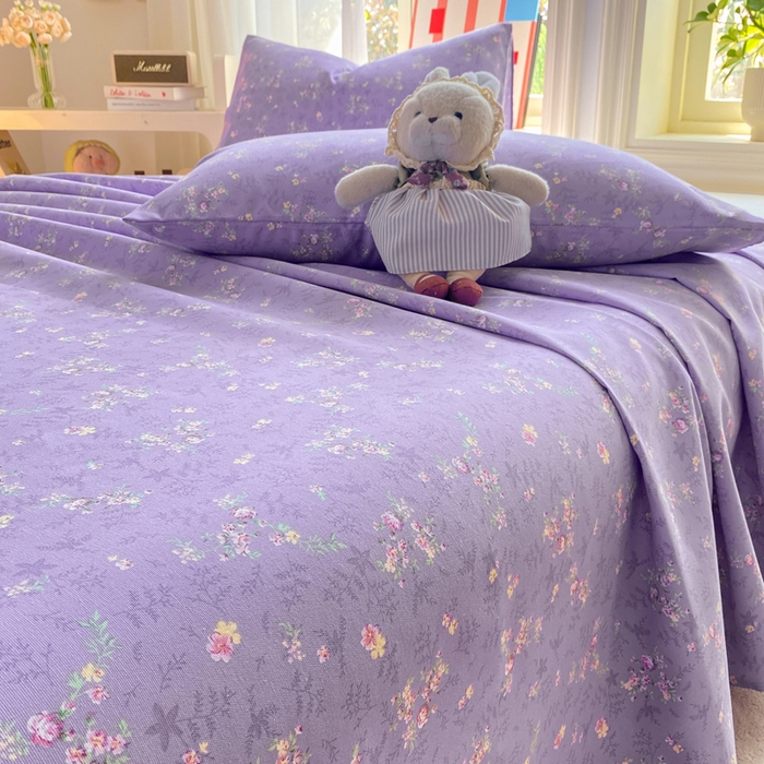 91家纺网 家纺一手货源 找家纺 晓时候 20226新款细纱原棉老粗布床单印花床单单件凉席三件套 紫韵