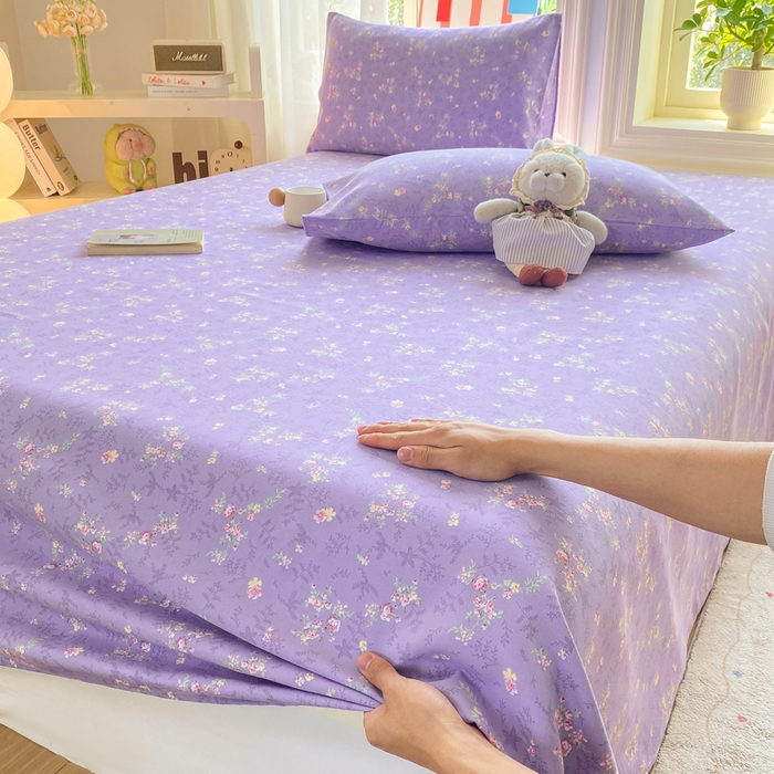 91家纺网 家纺一手货源 找家纺 晓时候 20226新款细纱原棉老粗布床单印花床单单件凉席三件套 紫韵