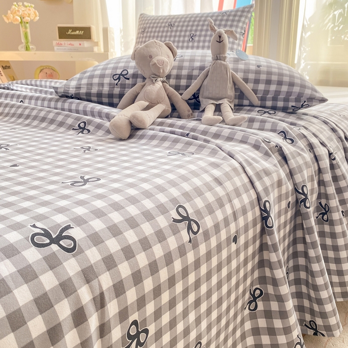 91家纺网 家纺一手货源 找家纺 晓时候 20226新款细纱原棉老粗布床单印花床单单件凉席三件套 蝴蝶结-灰