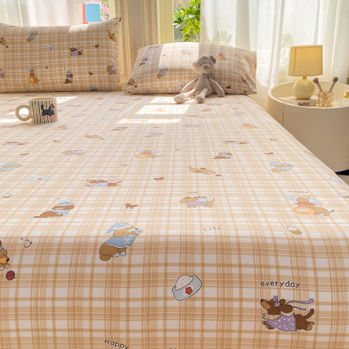 91家纺网 家纺一手货源 找家纺 晓时候 20226新款细纱原棉老粗布床单印花床单单件凉席三件套 欢乐小狗