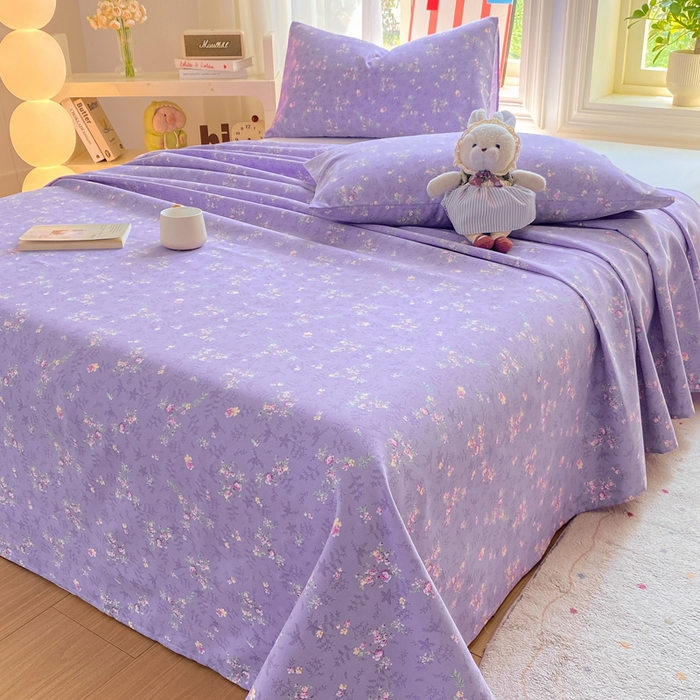 91家纺网 家纺一手货源 找家纺 晓时候 20226新款细纱原棉老粗布床单印花床单单件凉席三件套 紫韵