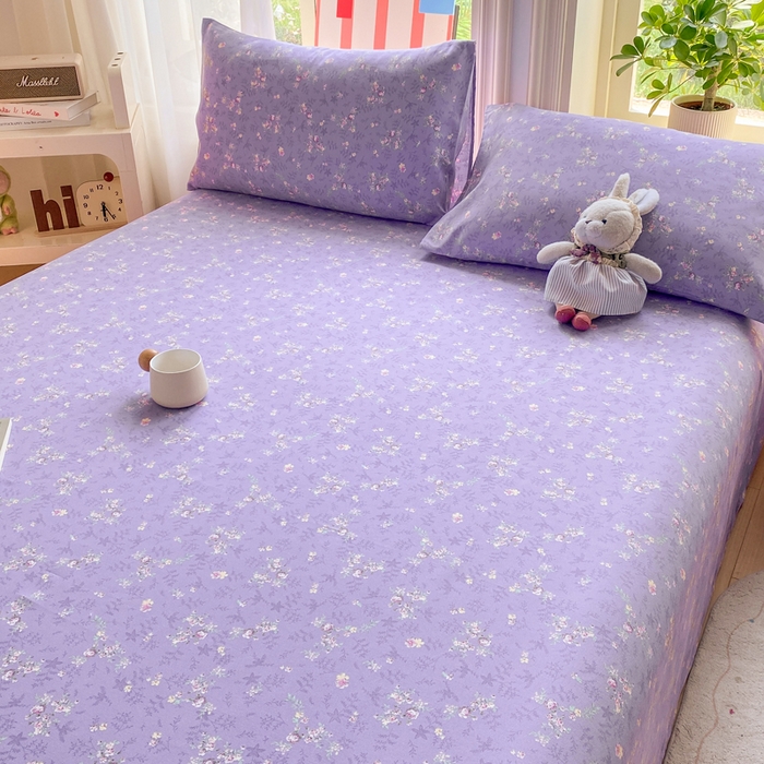 91家纺网 家纺一手货源 找家纺 晓时候 20226新款细纱原棉老粗布床单印花床单单件凉席三件套 紫韵