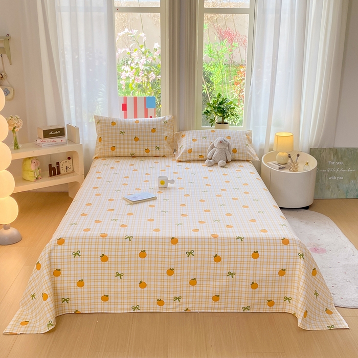 91家纺网 家纺一手货源 找家纺 晓时候 20226新款细纱原棉老粗布床单印花床单单件凉席三件套 橙意满满