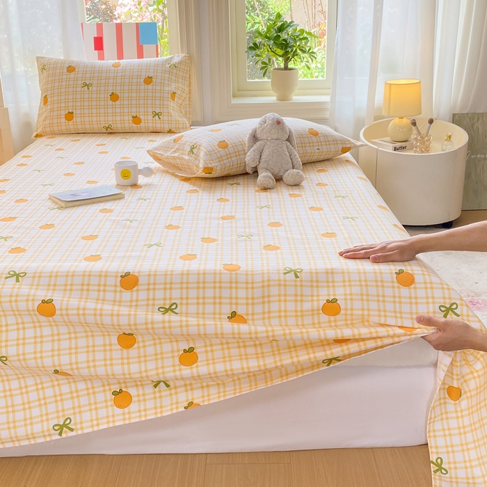 91家纺网 家纺一手货源 找家纺 晓时候 20226新款细纱原棉老粗布床单印花床单单件凉席三件套 橙意满满