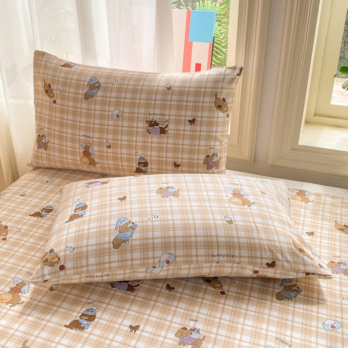 91家纺网 家纺一手货源 找家纺 晓时候 20226新款细纱原棉老粗布床单印花床单单件凉席三件套 欢乐小狗