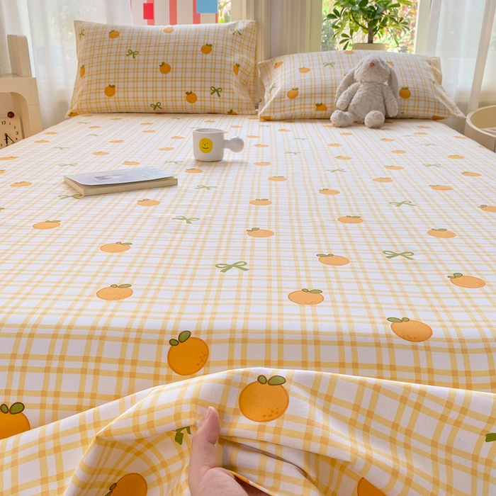 91家纺网 家纺一手货源 找家纺 晓时候 20226新款细纱原棉老粗布床单印花床单单件凉席三件套 橙意满满