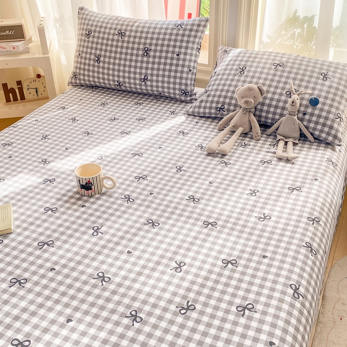 91家纺网 家纺一手货源 找家纺 晓时候 20226新款细纱原棉老粗布床单印花床单单件凉席三件套 蝴蝶结-灰